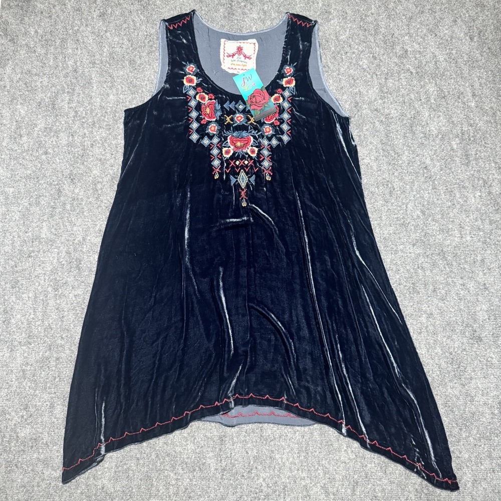 Johnny Was Joy Love Light Sleeveless Navy Velvet Floral-Embroidered Dress XL NWT